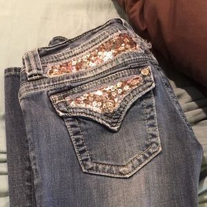 Miss me jeans, with gold sequins.