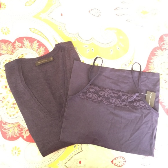 Long sleeve v-neck sweater with matching lace cami