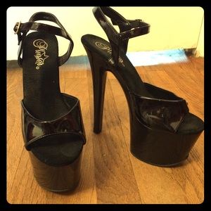 Black patent platform stiletto high heel. 6.5 in.