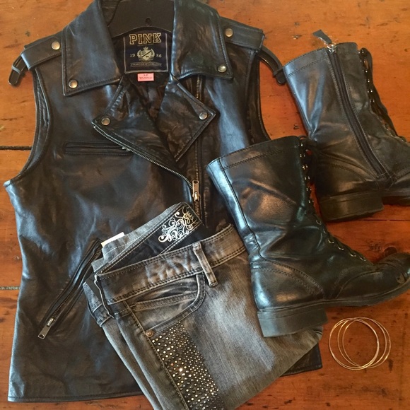 Victoria's Secret Pink Black Leather Moto Vest