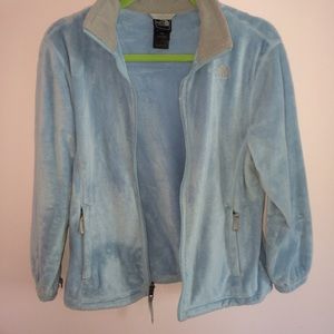 Baby blue fuzzy north face jacket
