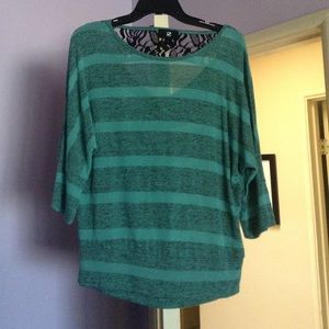 Turquoise and grey striped shirt.
