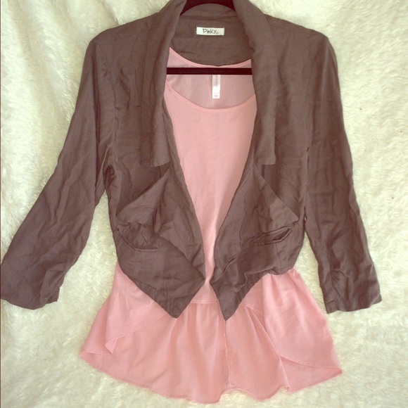 Pink top with grey jacket