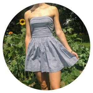 Navy Blue and White striped strapless dress