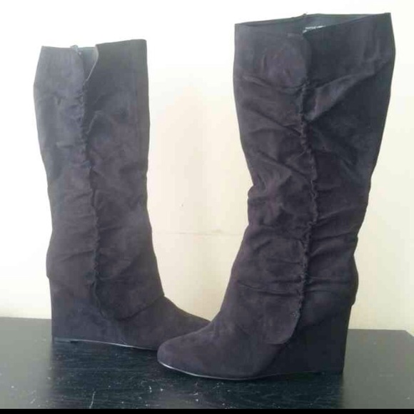 SOLD Ruffled Black Suede Wedge Boots