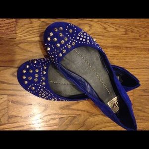 Cobalt blue genuine suede flats with gold spikes