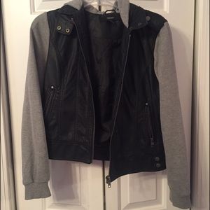 Black Leather Jacket with grey sleeves