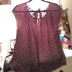 Lauren Conrad plum/grey and cream polka dot shirt