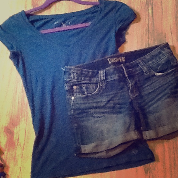 Blue V-neck with Denim Shorts