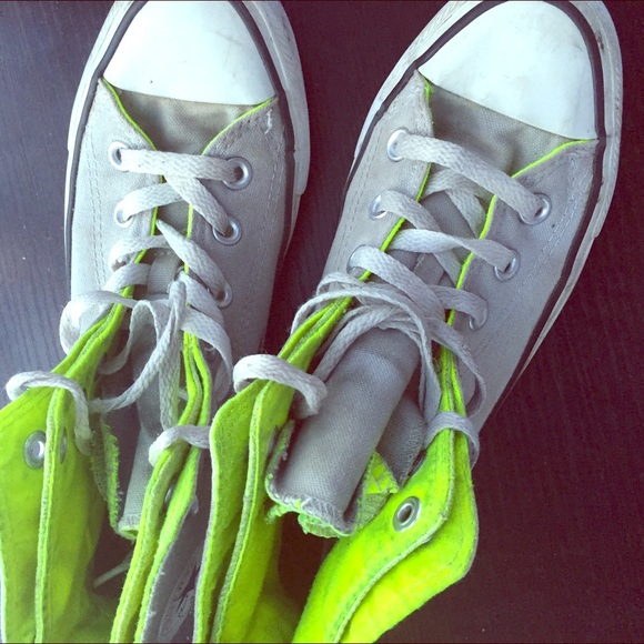 Neon yellow and grey high top converse