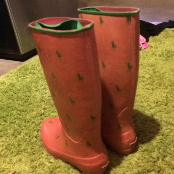 pink and green polo rain boots