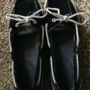 Black and silver boat shoes