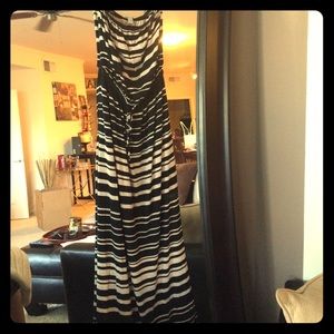 Strapless maxi dress in black and tan stripe