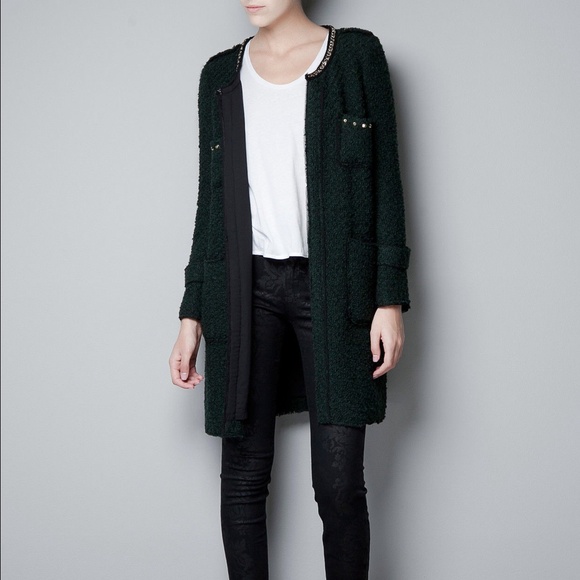 Green tweed boucle coat w/ gold chain stud detail