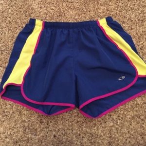 Blue, purple, and yellow workout shorts