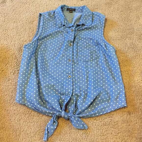 polka dot denim tie front button up tank