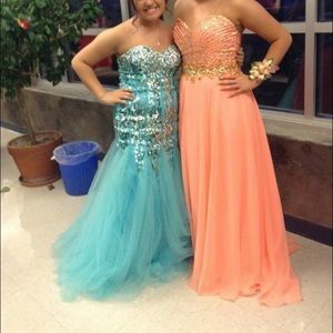 PEACH long prom dress with gold sparkles on top