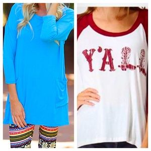 L- Blue back button tunic -"Y'all" shirt