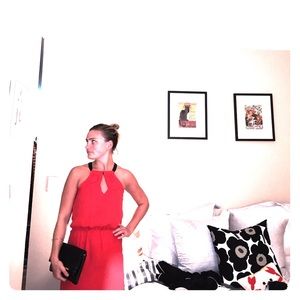 Cute & comfy red chiffon dress w/ leather accent