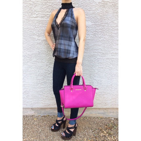 faux silk plaid top. - Picture 2 of 4