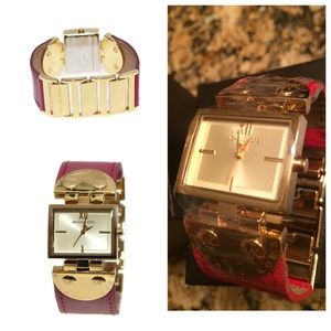 🌟SOLD🌟MK2368 Gold Magenta Leather Band Watch
