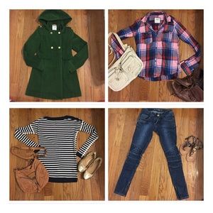 Hold bundle 4 items: green coat, shirt, top, Jean