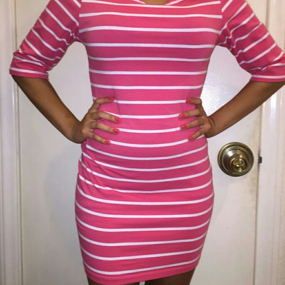 White stripped, hot pink cotton dress