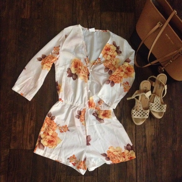 Floral quarter sleeve button up silk romper