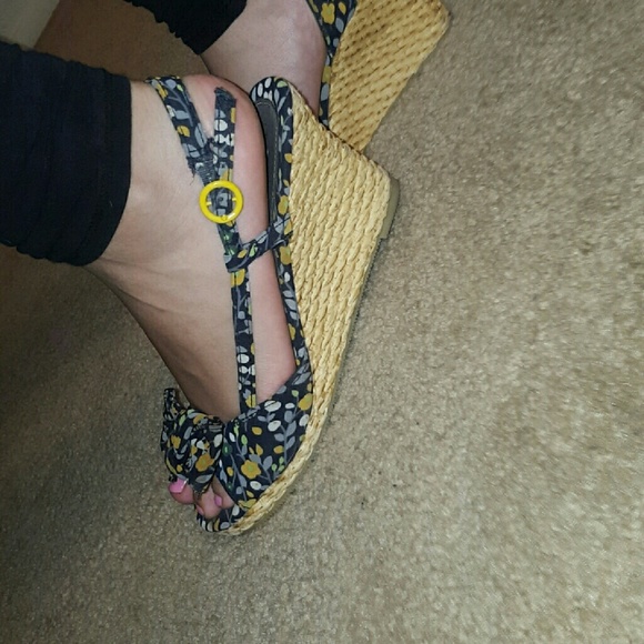 Yellow and Blue floral print wedges