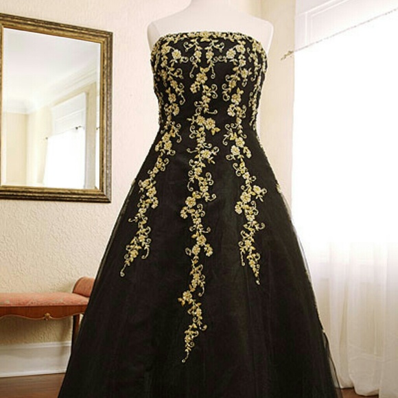 Black Tulle with Gold Embroidery
