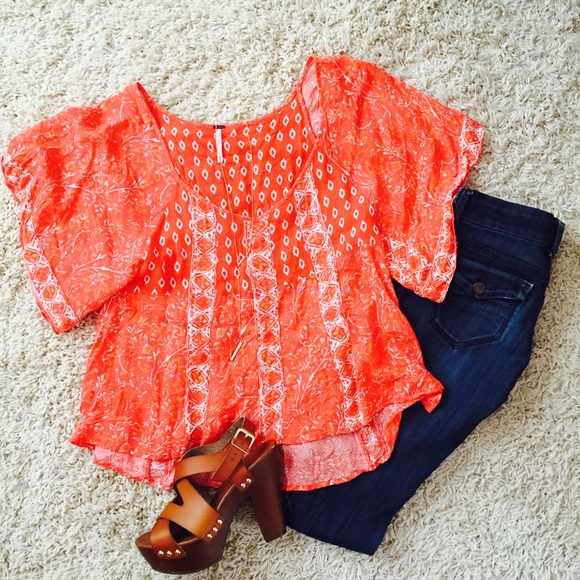 Free People Coral Floral Top - Picture 1 of 4