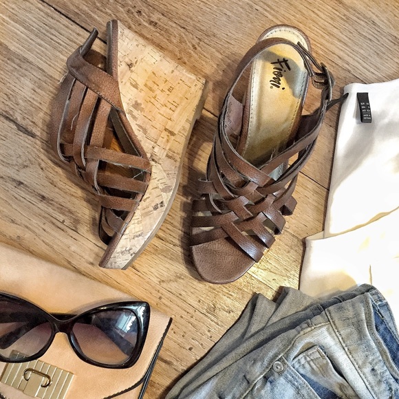 Brown cork strappy wedges
