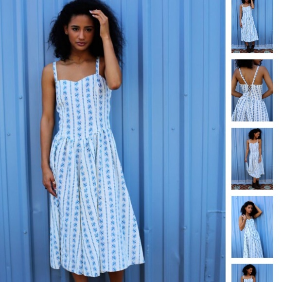 SOLD - White & Blue Floral Print Vintage Dress