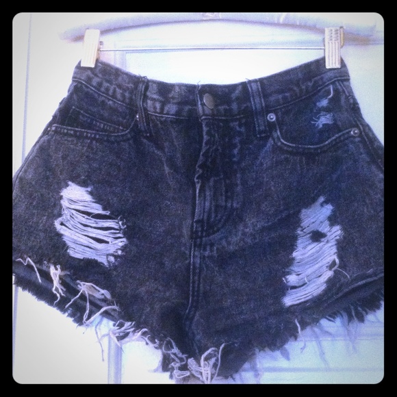 Forever 21 Denim - Black shredded denim high rise shorts.