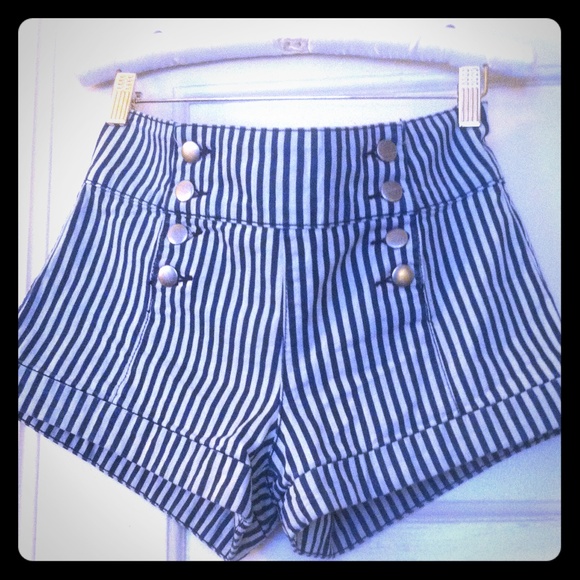 Forever 21 Denim - Navy/white high waist denim striped shorts.