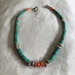 Vintage turquoise, coral,sterling silver necklace