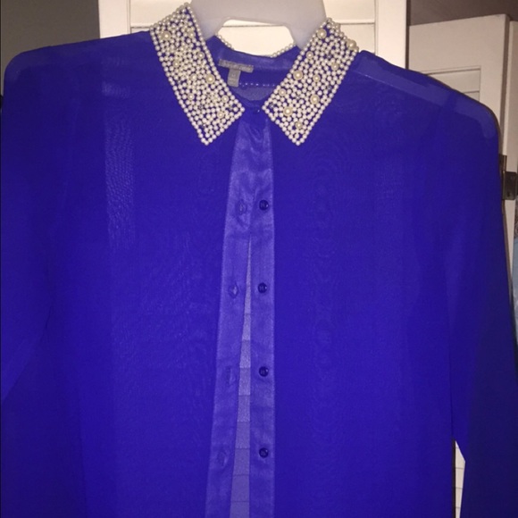 Button down sheer blue pearl beaded shirt