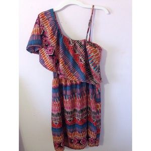 multicolored off the shoulder dress.