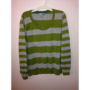 green and grey striped sweater