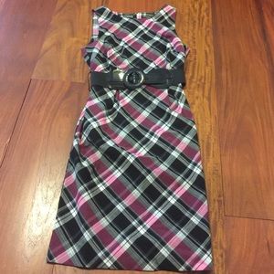 Fitted Black White & Maroon Plaid Dress