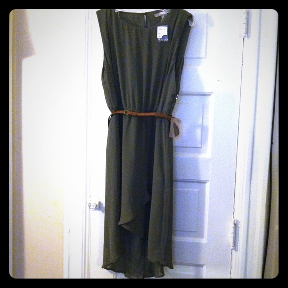 Olive green hi-low tank dress w/ chestnut belt.