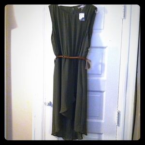 Olive green hi-low tank dress w/ chestnut belt.