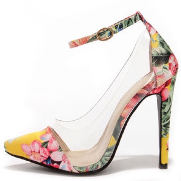In the Clear Yellow Floral Print Lucite Heels
