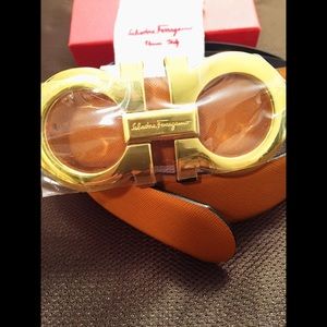 Ferragamo Tan/Black Reversible Belt w/ Gold Buckle