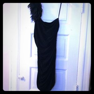 Black one shoulder short rouched dress.