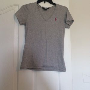 Grey Ralph Lauren V-neck with a pink horse!