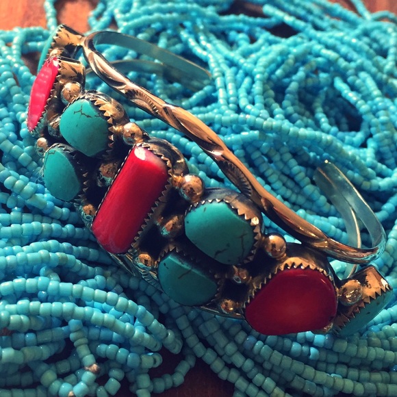 A.T Navajo Jewelry - ⛔️SOLD⛔️Navajo Red Coral/Turquoise Cuff Bracelet