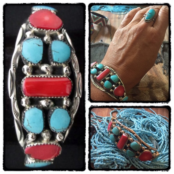⛔️SOLD⛔️Navajo Red Coral/Turquoise Cuff Bracelet - Picture 2 of 4