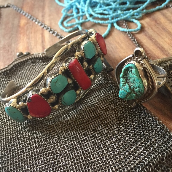 ⛔️SOLD⛔️Navajo Red Coral/Turquoise Cuff Bracelet - Picture 4 of 4