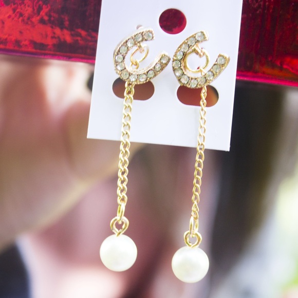 C Stud Pearl Dangle Earrings - Picture 1 of 3